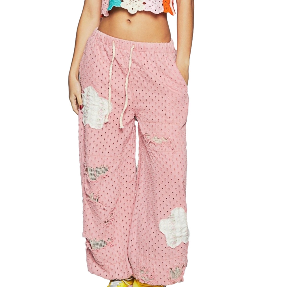 POL Pink distressed eyelet joggers with white floral patches drawstring waist